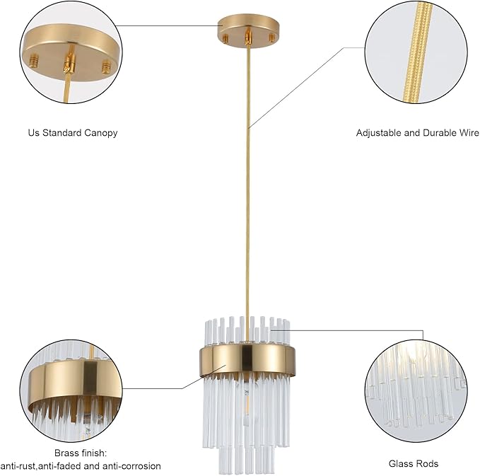 Dijiahua Pendant Lights Kitchen Island Gold 3 Pack,Crystal Pendant Light Fixtures Over Table, Mini Brass Dining Room 1-Light Chandelier,Modern Adjustable Cord Hanging Lamp for Bedroom,Sink