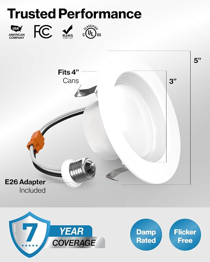 Sunco 4 Inch LED Recessed Lights, Retrofit Can Lighting, 660 LM, 11W (40W Equivalent), Selectable CCT 2700K/3000K/3500K/4000K/5000K, Dimmable, Baffle Trim, Replacement Conversion Kit UL 4 Pack