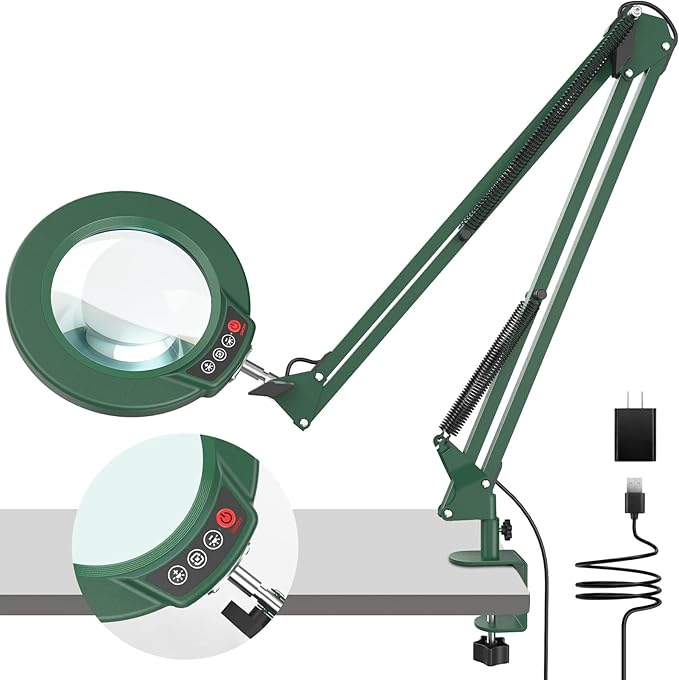10X Magnifying Glass with Light and Clamp, Real Glass Stand Lighted Magnifier, 2*16 Arm 5 Color Modes Stepless Dimmable LED Desk Lamp Hands Free for Craft Hobby Reading Painting Close Work Large Green
