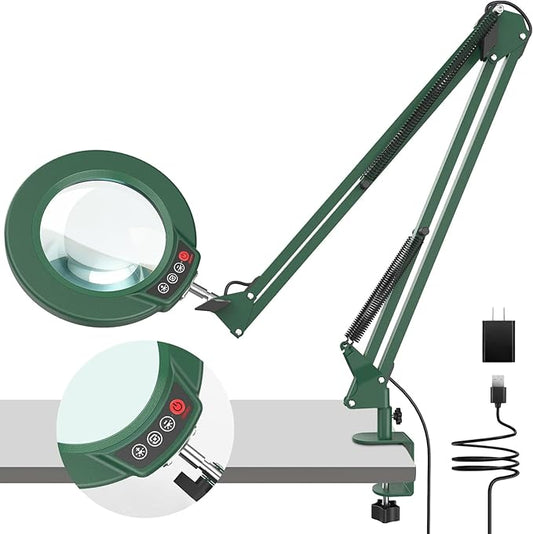 10X Magnifying Glass with Light and Clamp, Real Glass Stand Lighted Magnifier, 2*16 Arm 5 Color Modes Stepless Dimmable LED Desk Lamp Hands Free for Craft Hobby Reading Painting Close Work Large Green