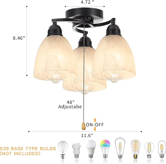 3-Light Flush Mount Ceiling Light with Pull Chain, Modern Black Lighting Fixtures with Alabaster Glass for Kitchen Island Dining Room Bedroom Farmhouse Foyer Hallway