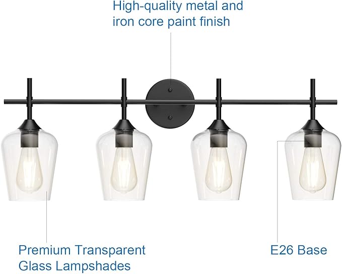 Ralbay Vintage Bathroom Vanity Lighting Fixtures 4-Lights Industrial Matte Black Finish with Clear Glass Vanity Lights Farmhouse Bathroom Vanity Lights Wall Sconce