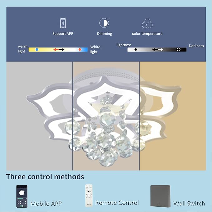 AHAWILL Modern Ceiling Light,Crystal Flush Mount LED Chandelier Ceiling Flower Lamp with Remote Controlfor Living Room,Bedroom,Hall,Dining Room,Etc.ø19.7″/24w/6 Heads…