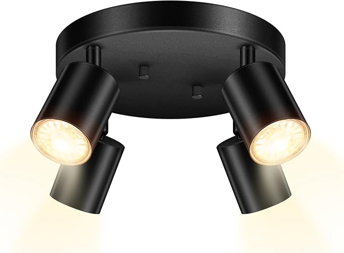 LED 4 Light Track Lighting Kit, LED Track Lighting Fixtures, Black Round Ceiling Spot Lighting, Flexibly Rotatable Light Head for Kitchen, Living Room, Bedroom, GU10 Bulb Not Included