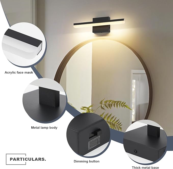 LED Modern Bathroom Vanity Light Fixtures Dimmable 5CCT 12W Lights Over Mirror Black Wall Light Bar for Bathroom 15.7 inch ETL Certificated