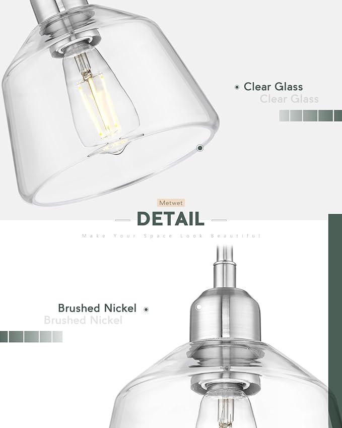 2-Pack Pendant Lights Kitchen Island, 7.5" Hanging Light Fixture with Clear Glass Shade and Adjustable Chain, Farmhouse Kitchen Island Lighting for Dining Room, Brushed Nickel, PL187-BN-2PK