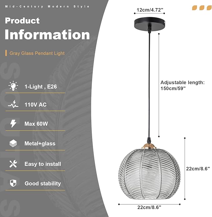 Industrial Hanging Pendant Light, Farmhouse Black and Gold Hanging Kitchen Light Fixture with Gray Ribbed Glass Shade, Modern Pendant Lamps for Kitchen Counter Dining Table Bedroom Home Bar