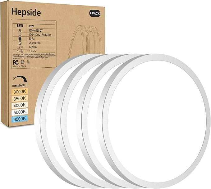 4Pack LED Flush Mount Ceiling Light Fixture, 7Inch 15W, Dimmable&3000K/3500K/4000K/5000K/6500K Adjustable Low Profile Ceiling Lights, 1500LM Round Lamp for Bathroom, Closet, Kitchen, Hallway, White