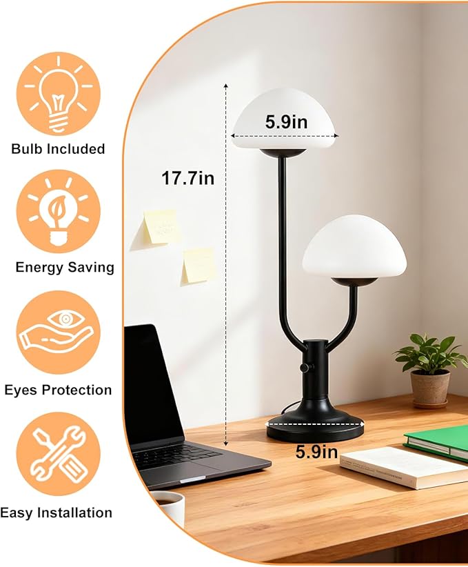 Lightdot Mushroom Table Lamp for Bedroom, Desk Bedside Small Lamps for Living Room Night Stands, Cute Modern Mid Century Lamps Dimmable with 2 LED Bulbs, Unique Aesthetic Home Decor-Black
