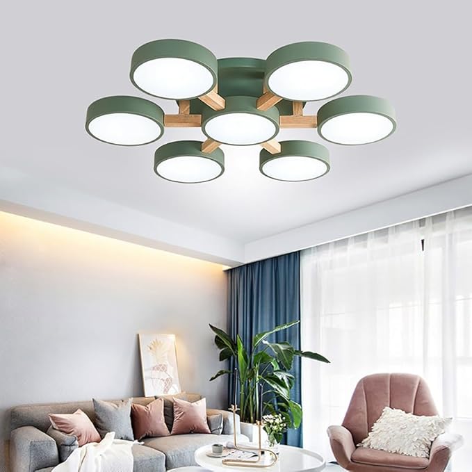 7-Lights LED Ceiling Light Fixture,32 Inch Modern Ceiling Lights Flush Mount Wooden 84W Chandelier for Living Room Bedroom Kitchen,Dimmable 3000K/4000K/6000K Temperatures Selectable Green
