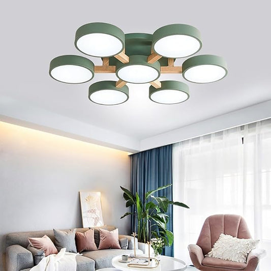 7-Lights LED Ceiling Light Fixture,32 Inch Modern Ceiling Lights Flush Mount Wooden 84W Chandelier for Living Room Bedroom Kitchen,Dimmable 3000K/4000K/6000K Temperatures Selectable Green