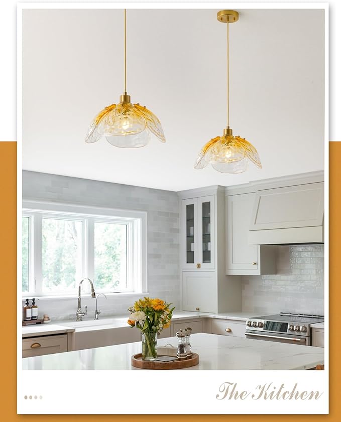 Vintage Gradient Amber Pendant Light,Bronze Pendant Lighting Fixture with Handmade Leaf Glass for Bedroom,Kitchen,Hallway,Entryway