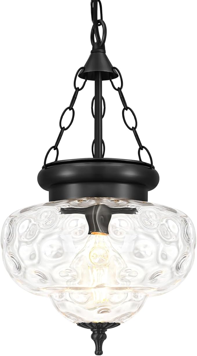 Vintage Pendant Light - Matte Black Pendant Lights Kitchen Island with Hammered Glass Shade, Hanging Lighting Fixtures with Adjustable Hanging Chain for Kitchen, Island, Dining Room, Entryway