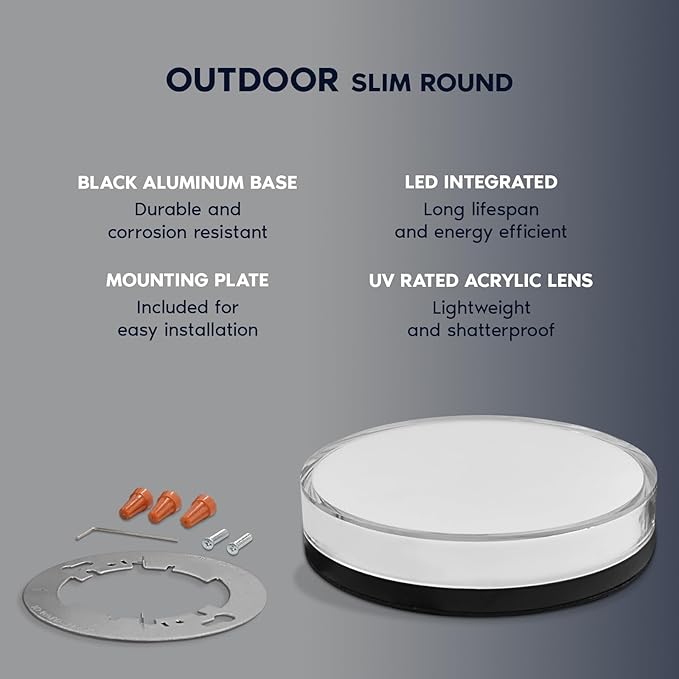 LUXRITE Slim 7 Inch LED Outdoor Flush Mount Light, 15W, 1000LM, 5CCT 2700K 3000K 3500K 4000K 5000K, Dimmable LED Ceiling Light, IP65 Waterproof, ETL Listed, Indoor Outdoor - Black