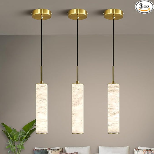 LMQNINE Natural Alabaster Pendant Lights for Kitchen Island White Marble Long Tube Chandelier 4000K Modern Gold Ceiling Light Fixtures for Bedroom Dining Room Table Living Room Hallway(S-3Pack)