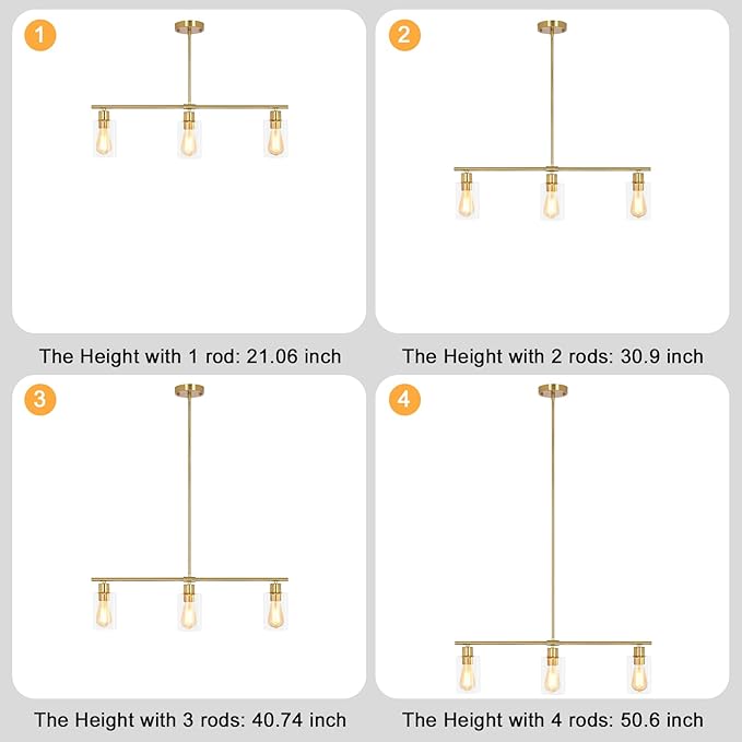 3-Light Kitchen Island Lighting, Farmhouse Dining Room Light Fixtures Over Table, Modern Gold Island Lights Over Island, 31" Linear Chandelier Hanging Ceiling Pendant Light Fixtures for Kitchen