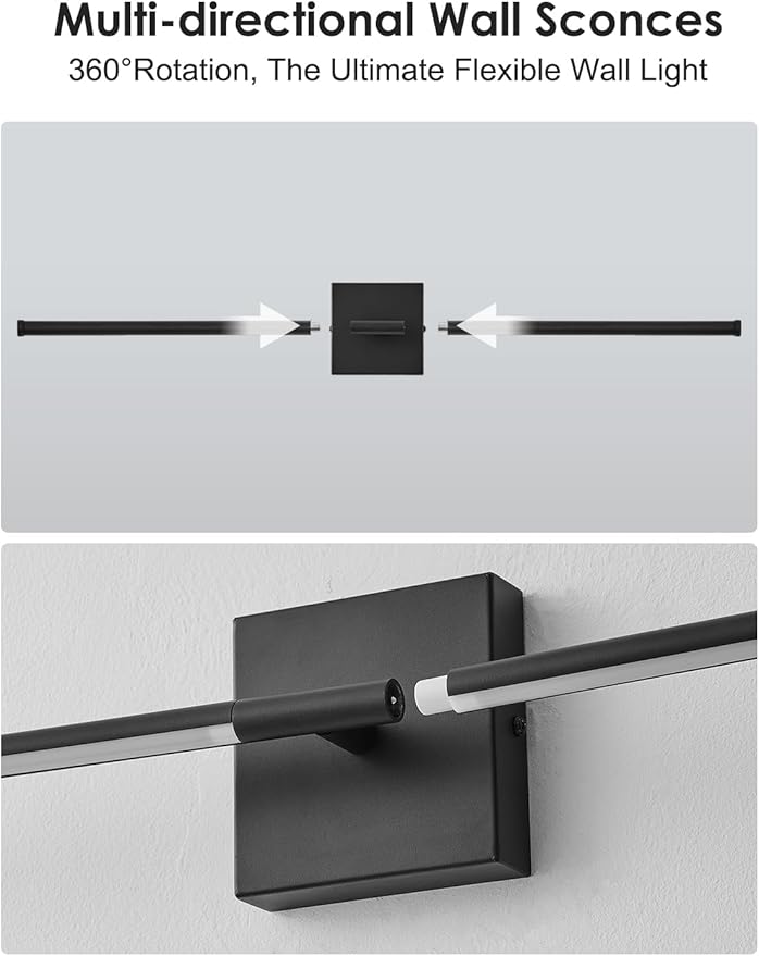 KARTOOSH 24.4 Inch Hardwired Wall Sconces Set of Two, 3000K Warm White Dimmable Modern Wall Sconces, 350° Rotate LED Light Fixtures Wall Lamp for Bathroom Living Room Bedroom Bedside, Black