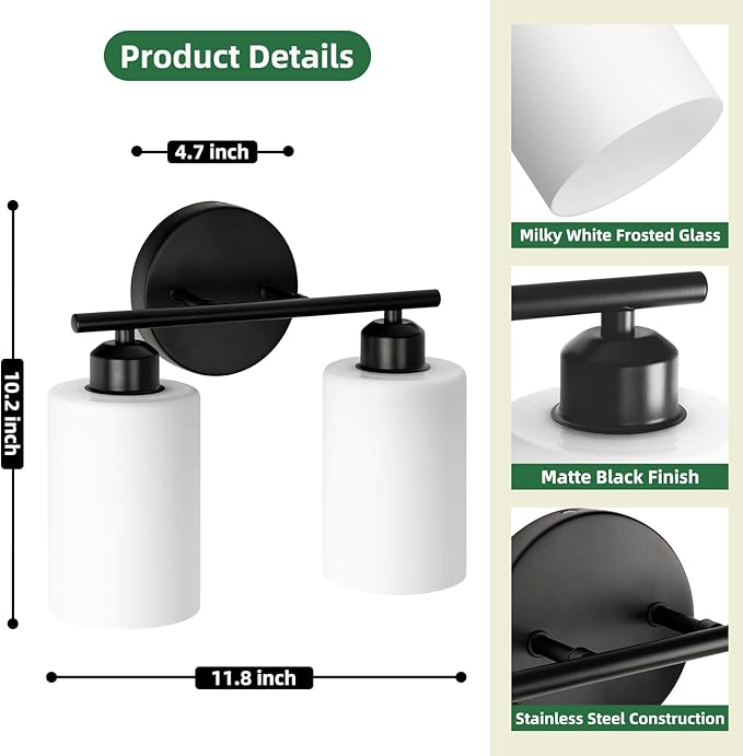 2-Light Bathroom Light Fixtures, Black Modern Vanity Lights with Milky White Frosted Glass Shades, Bathroom Wall Lamp for Kitchen Living Room Hallway