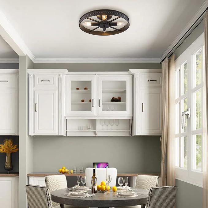 Round Ceiling Light Fixture 4-Lights Semi-Flush Mount Ceiling Light Fixture Black Rustic Metal Farmhouse Chandelier for Kitchen Island Dining Room Hallway Entryway Bedroom Living Room