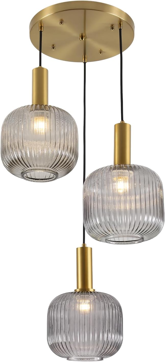 BOKT 3-Light Cluster Pendant Lights Modern Smokey Gray Glass Globe Pendant Light Adjustable Open Glass Kitchen Island Pendant Chandelier Vintage Multi Light Pendant Lighting Cluster