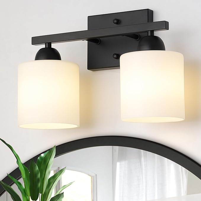 Mecgirn Milk Glass Vanity Lights for Bathroom, 2 Light Matte Black Bathroom Light Fixtures Over Mirror, Ceramic E26 Sockets Wall Mounted