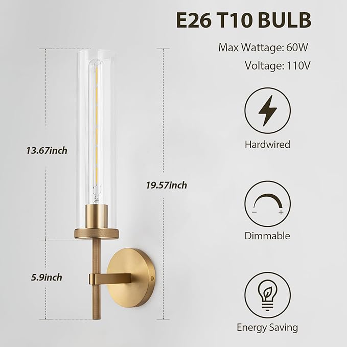 19.5" Knurled Brass Wall Sconces Set of 2, Gold Bathroom Vanity Light Fixtures with Clear Glass Tube, Modern Lamp Lighting for Bedroom, Living Room, Hallway, Staircase, Mirror, Kitchen