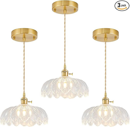 3 Pack Glass Pendant Lights Kitchen Island, Vintage Brass Pendant Light Fixtures, Adjustable Transparent Kitchen Pendant Lighting Over Island for Bedroom Living Room Hallway Dining Room