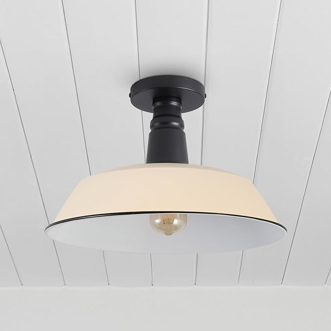 JONATHAN Y 14" Matte Almond/Black 1-Light Industrial LED Semi Flush Mount Ceiling Light for Porch, Kitchen, Entryway, Modern Farmhouse Iron Fixture, White Metal Shade, LED Bulb Included (JYL7617J)