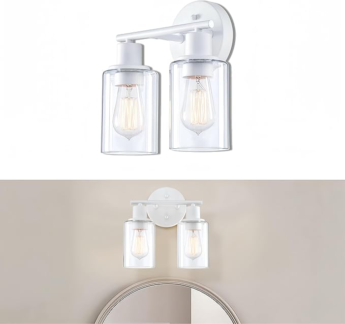 WISBEAM 2-Light Bathroom Vanity Light, White Bathroom Light Fixture with Clear Glass Shade Including E26 Medium Base, Bulb NOT Included, Vanity Light Over Mirror