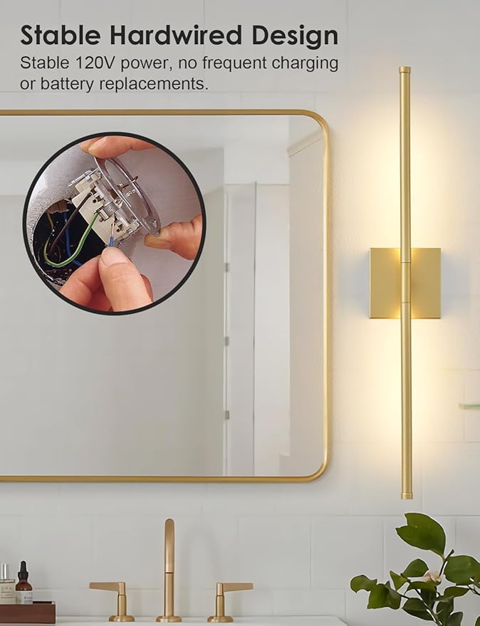 KARTOOSH 27.8 Inch Hardwired Wall Sconces Set of Two, 3000K Warm White Dimmable Modern Wall Sconces, 350° Rotate LED Light Fixtures Wall Lamp for Bathroom Living Room Bedroom Bedside, Gold