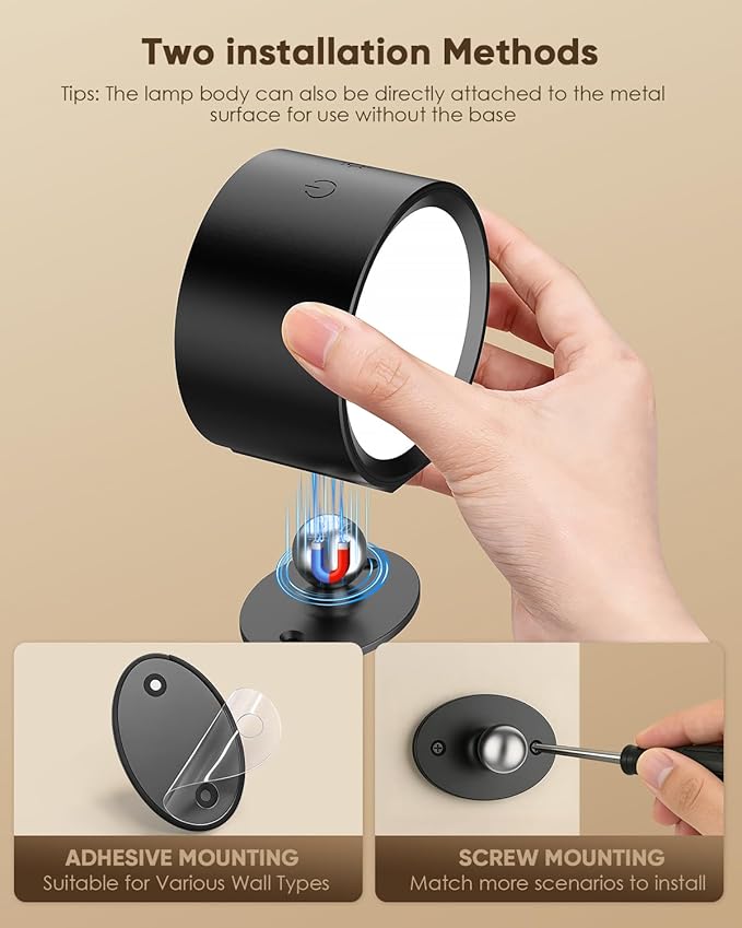 LED Wall Mounted Lights 2 Pcs with Remote, Rechargeable Wall Sconce with 3 Color Temps & Dimmable Magnetic 360° Rotation Cordless Light for Bedroom Reading Bedside (Black, 1 Pack)