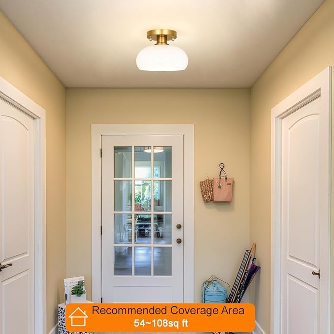 Mid-Century Gold Ceiling Light Fixture - 8 Inch Semi Flush Mount Hallway Light with Hand-Blown Milk White Glass Shade,Easy Install Close to Ceiling Lighting for Small Entryway & Kitchen