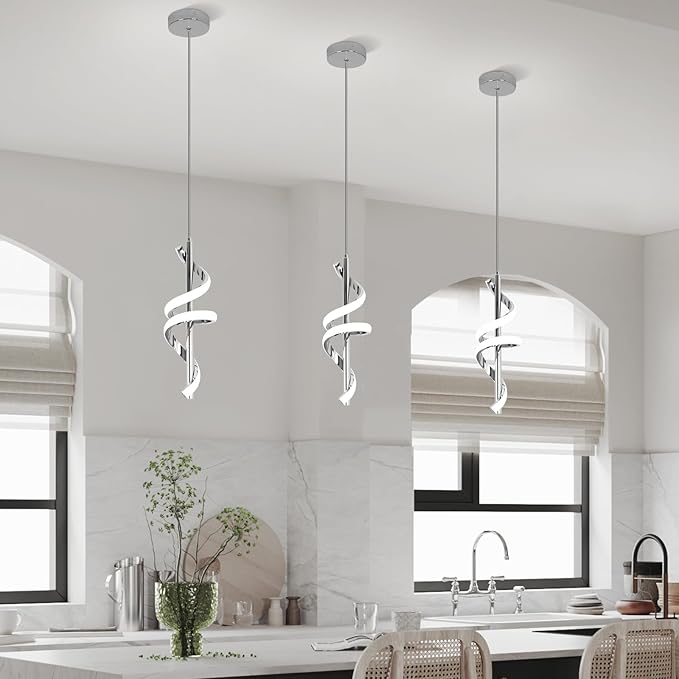Spiral Led Pendant Light Fixtures, 5500K Cold White Modern Led Pendant Lamp Kitchen Island, Adjustable Height Kitchen Island Lights Fixtures for Dining Room Kitchen Bedroom Cafe, 3 Packs