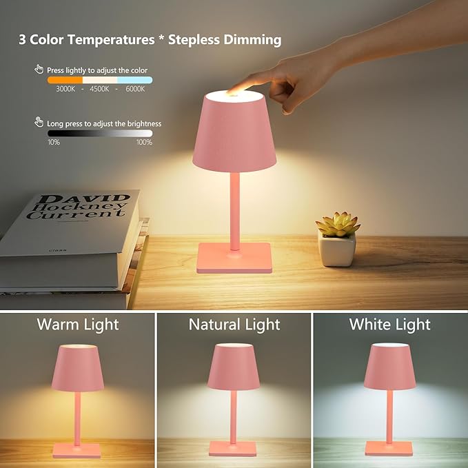 2 Pack Rechargeable Table Lamp - Cordless LED Lamp with 6000mAh Battery Operated LED Desk Lamp, Portable Table Light Outdoor for Dinner Patio Restaurant Bar Bedroom Coffee Shop Night Light(Pink)