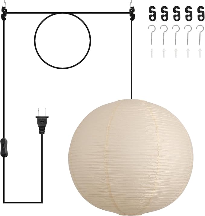 Paper Lantern Lamp Plug in Hanging Lamp, 20in Off-White Rice Paper Pendant Light with 19.7FT Cord Large Globe Japanese Japandi Wabi Sabi Chandelier for Dining Living Room Bedroom 1 Pack