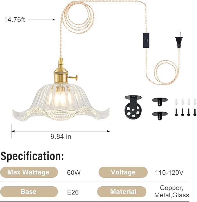 Plug in Pendant Light Vintage 2 Pack, Adjustable Pulley Hanging Lamp with Clear Lily Glass Shade, Brass Hanging Lights with Plug in Cord, Gold Hanging Pendant Light for Bedroom Living Room Kitchen