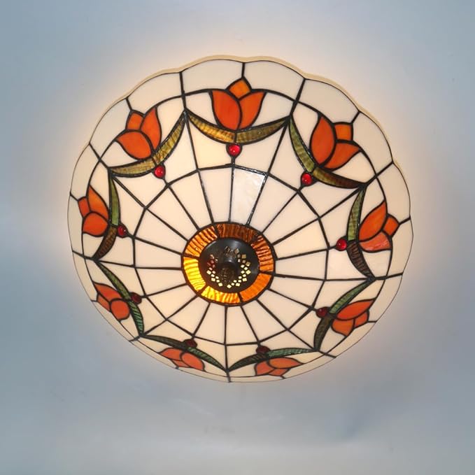 16 Inch Tiffany Style Stained Glass Ceiling Light Flush Mount Ceiling Light Vintage Chandeliers Pendent Light Fixtures (16 Inch Orange)