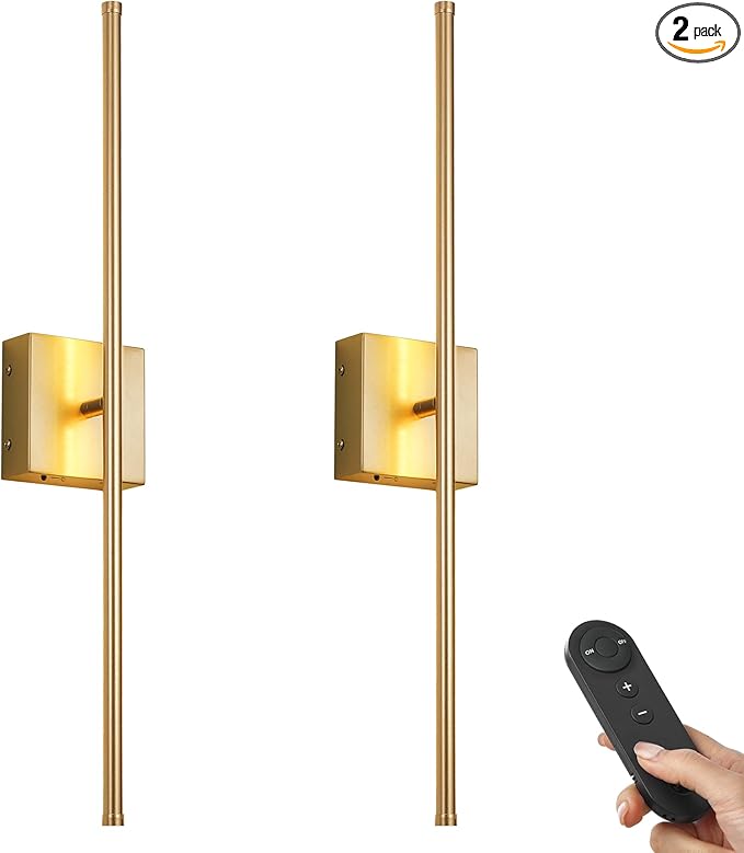 KARTOOSH Battery Operated Wall Sconces with Remote Control, Dimmable Wall Sconces Set of Two, 350°Rotate, 3000K LED Gold Wireless Wall Light for Living Room, Hallway, Bedroom, 32.2 Inch (2 Pack)