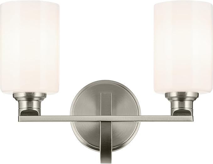 Kichler Gioe 14.25" 2-Light Vanity Light with Opal Glass in Brushed Nickel, Damp Rated, for Bathroom, Powder Room, Over a Mirror, (14.25" W x 10.5" H), 55225NI