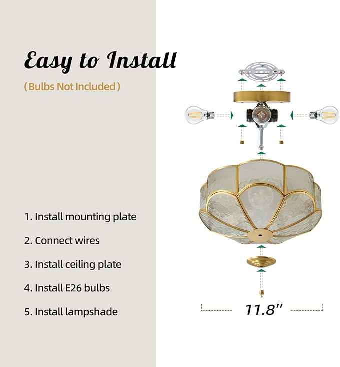 Gold Vintage Brass Ceiling Light - Small 11.8 Inch Hammered Glass Mid Century Flush Mount Lighting Fixtures - Art Deco Antique Modern Lamp for Hallway Bedroom Kitchen Entryway Laundry Foyer Bathroom