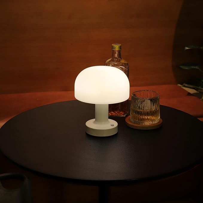 HAPYGI Small Mushroom Table Lamp, Cordless Night Light with 2600mAh Rechargeable Battery, Stepless Dimming Desk Lamp with 3 Colors for Bedroom/Patio/Living Room (White-1)