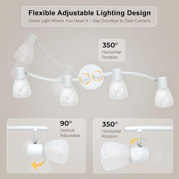 HiBay 4-Light Track Lighting, Modern White Glass Ceiling Light Fixture, Adjustable Flush Mount Track Spotlight for Bathroom, Kitchen, Dining Room, E12 Base, No Bulbs