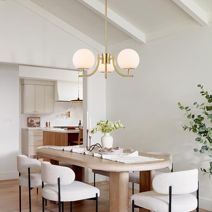 Gold Sputnik Chandelier 3 Light Milk Glass Globe Hanging Light Modern Pendant Light Fixture for High Ceiling Kitchen Bedroom Dining Living Room
