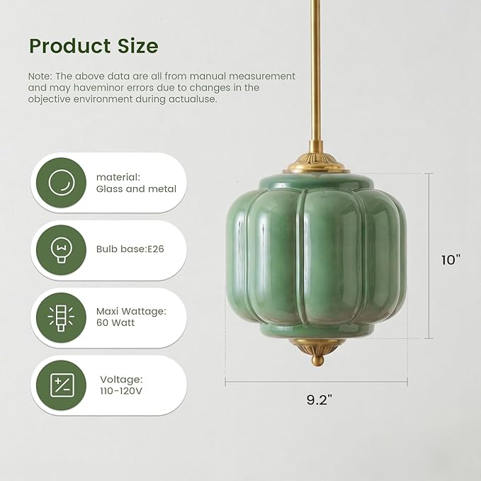 Milk Glass Ceiling Light Fixture - Antique Brass Semi Flush Mount Pendant Light for Kitchen, Hallway, and Bedroom (Green, 9 inch)