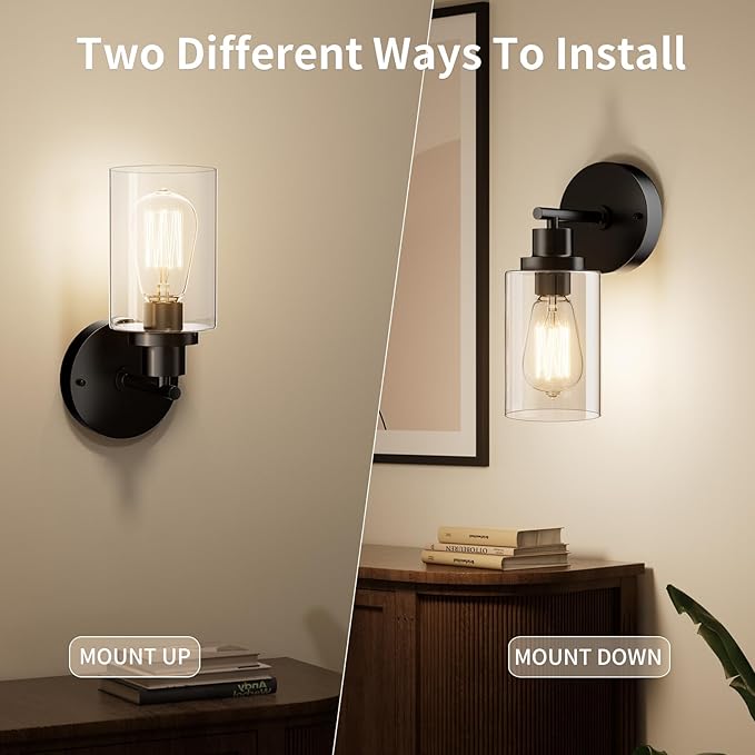 BUTHY Bathroom Wall Sconces Set of Two: Black Vanity Light Fixtures with E26 Base LED Cordless Indoor Wall Mount Lamp for Mirror Bedroom Hallway Stairway Modern Decor Lighting