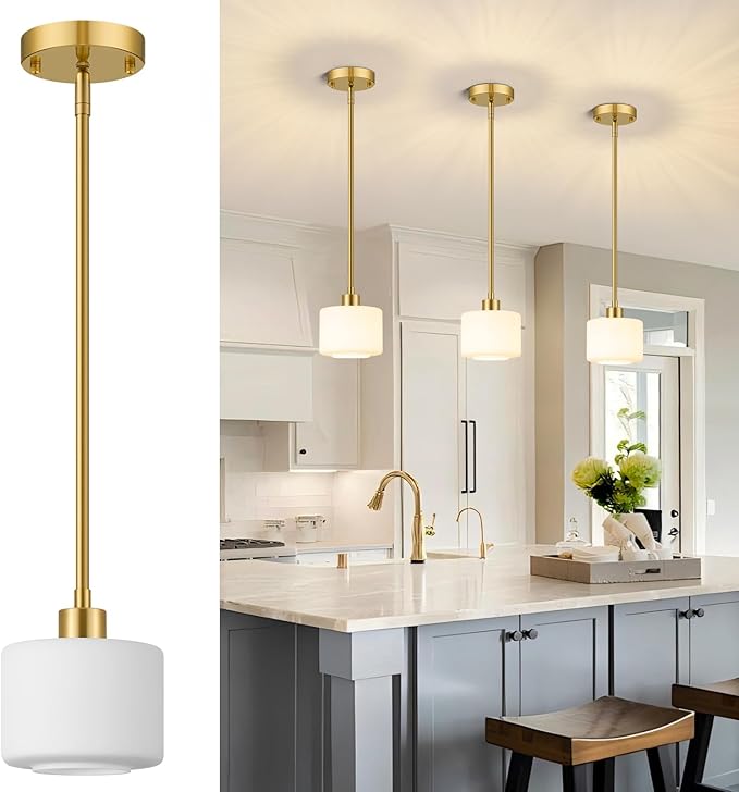 Milk Glass Pendant Lights Kitchen Island, 1-Light Modern Brushed Gold Hanging Light Fixtures with Rods, Mini Kitchen Pendant Lighting Over Island for Sink Bathroom, OS-YQ8153-1PBG