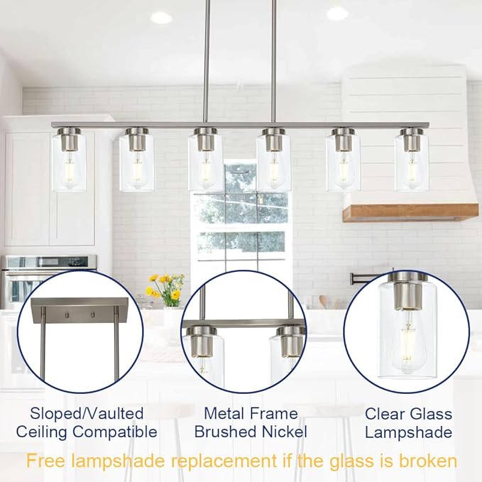 TODOLUZ 6-Light Kitchen Island Lighting with Clear Glass Shades, Modern Linear Pendant Light Fixture for Dining Room Pool Table, Brushed Nickel Finish