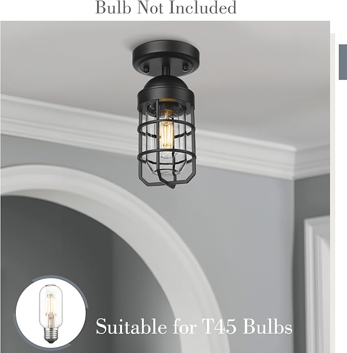 Emliviar 2 Pack Outdoor Ceiling Lights, Modern Industrial Semi Flush Light Fixtures with Clear Tempered Glass in Black Finish, GE255F-2PK BK