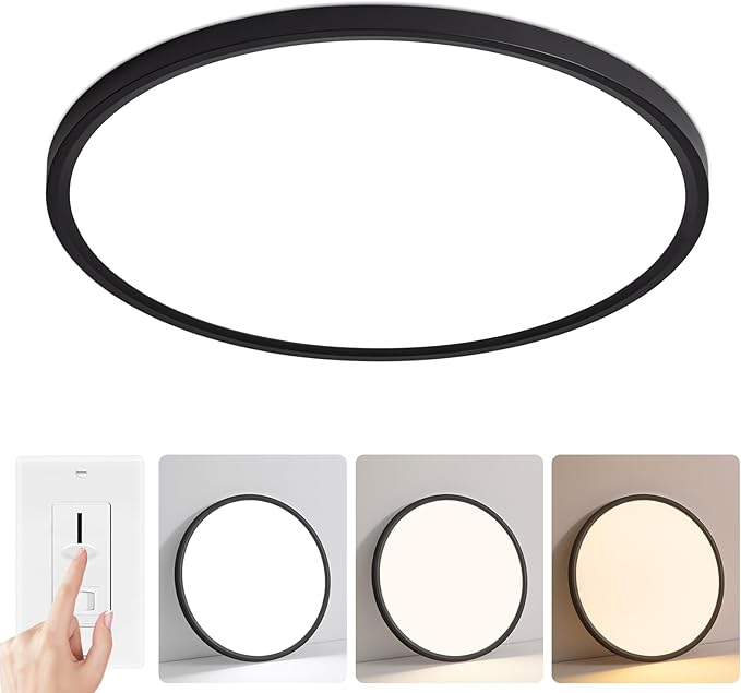 Modern 20'' Led Ceiling Light Fixture, Ultra Thin Flush Mount, Dimmable & 3000K/4500K/6000K Selectable, 40W 4000LM, Black, for Bedroom, Kitchen, Dining Room, Living Room, Home Office, Hallway