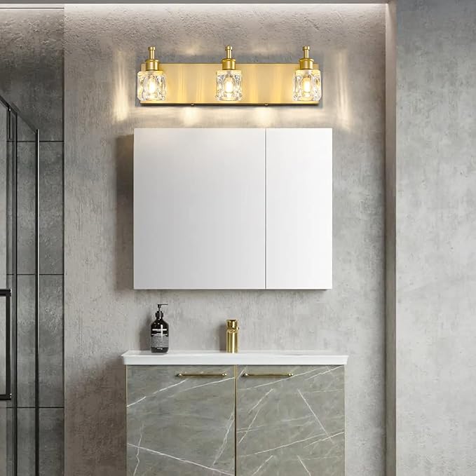 PRESDE Bathroom Vanity Lights Modern Crystal Gold 3 Light Bathroom Lights Fixtures Over Mirror Vanity Light for Bathroom